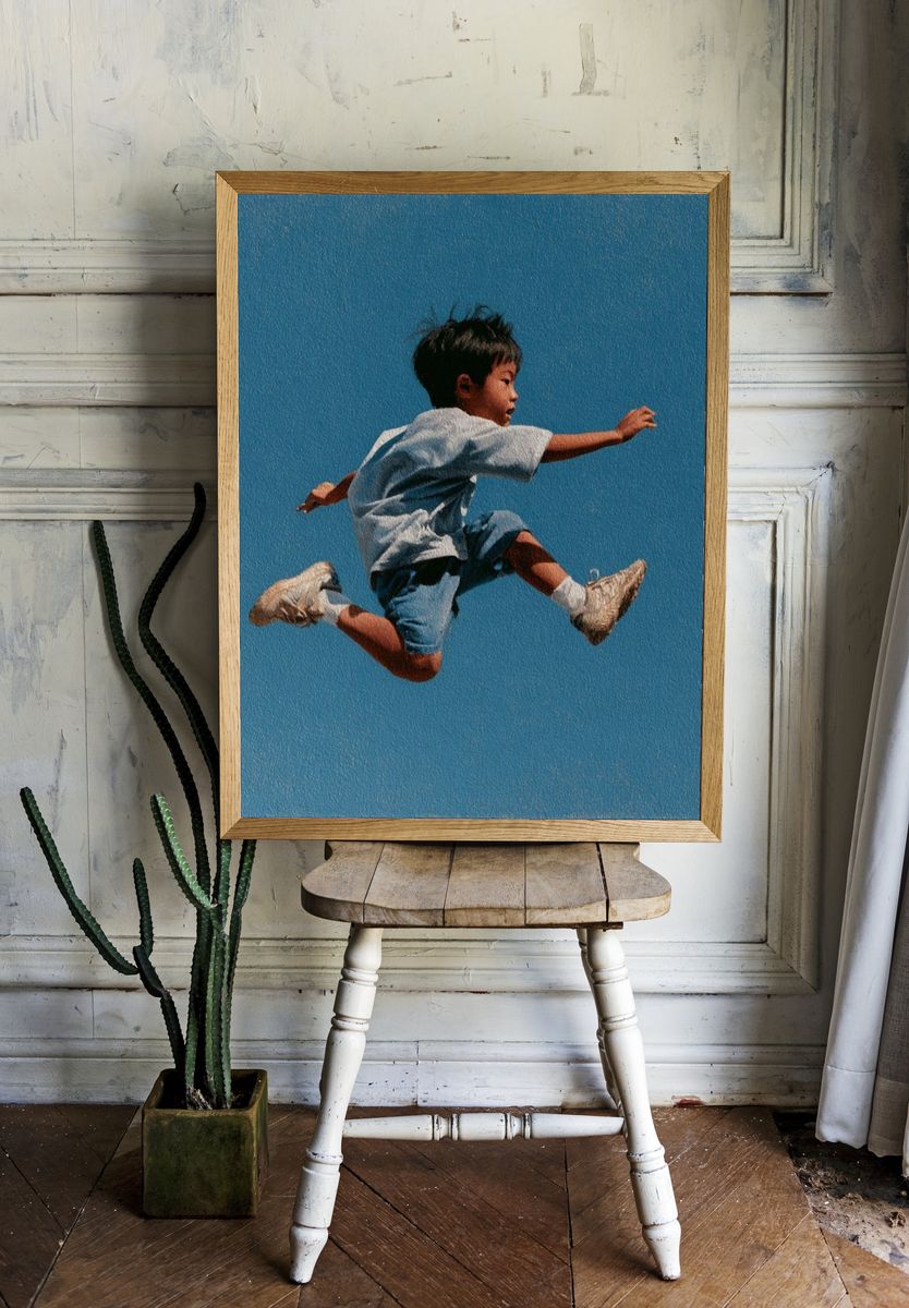 Boy Jumping Blue Sky Poster. room preview