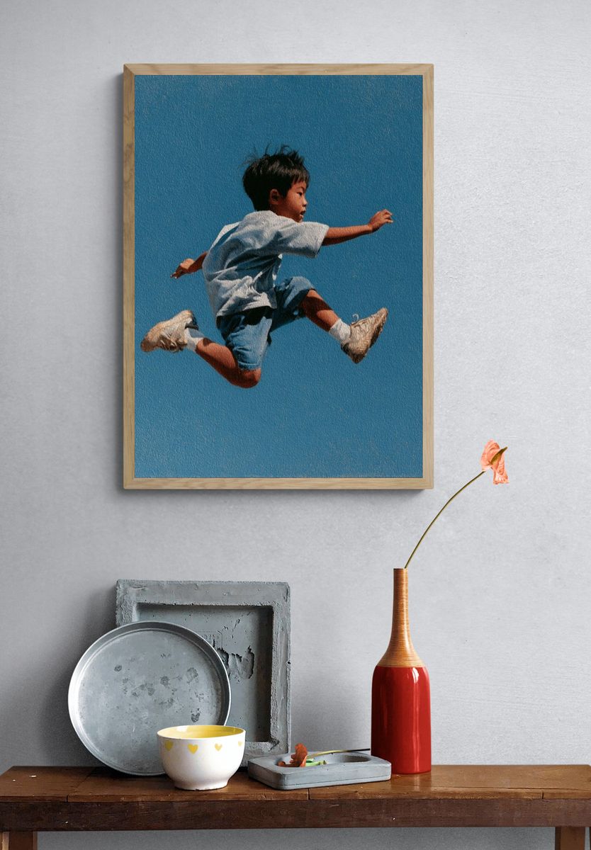 Boy Jumping Blue Sky Poster. — room view 3