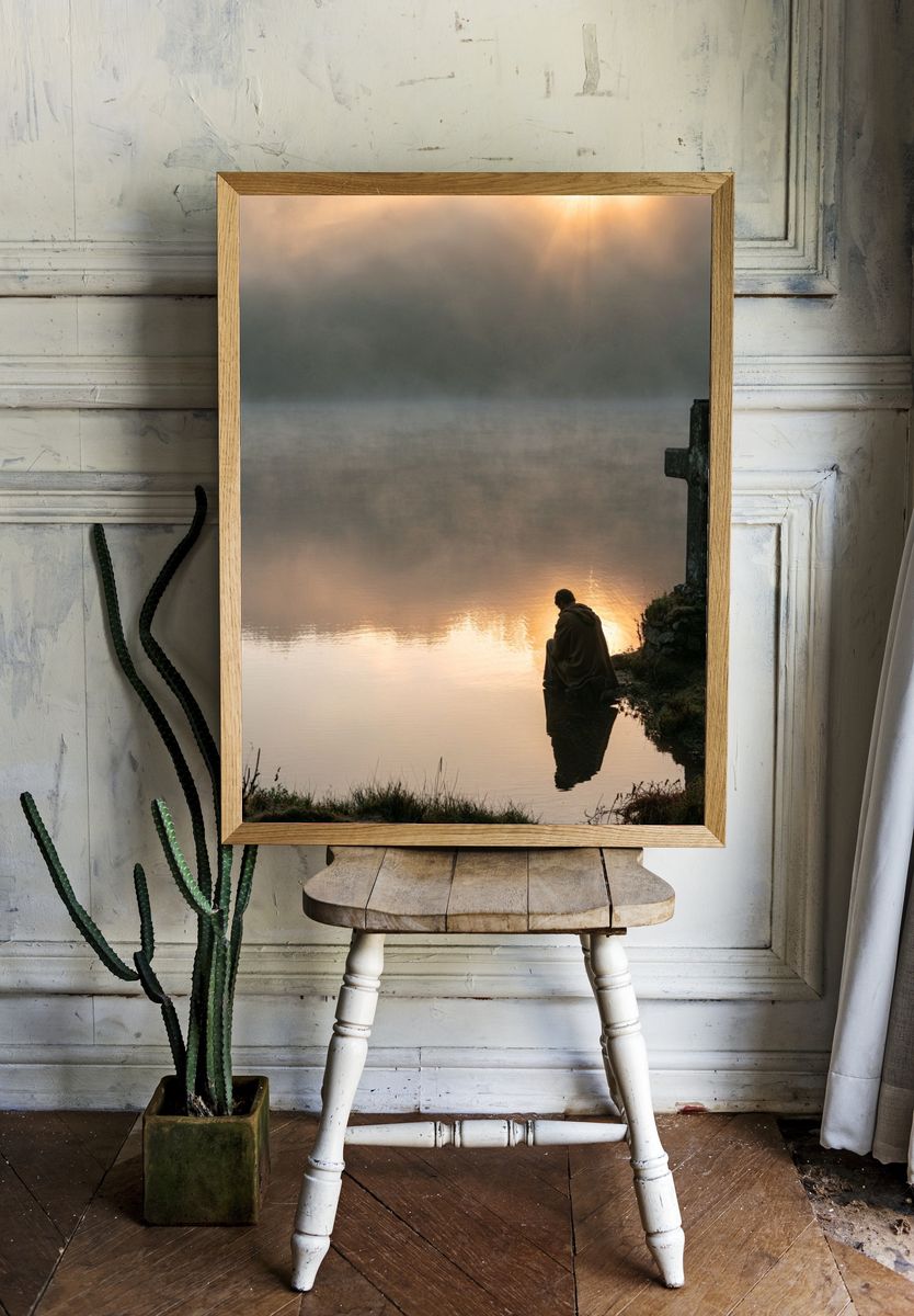 Misty Lake Cross Photography Poster. room preview