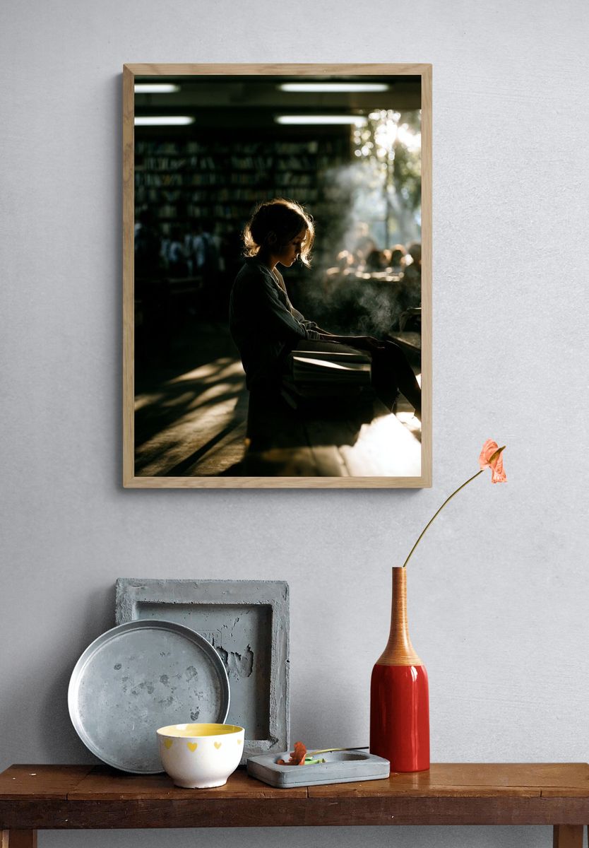 Girl Reading in Library Photography Poster. — room view 3