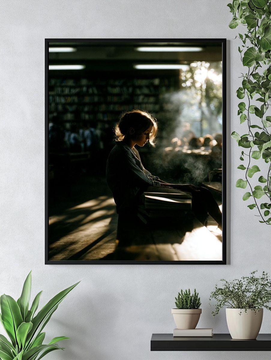 Girl Reading in Library Photography Poster. — room view 4