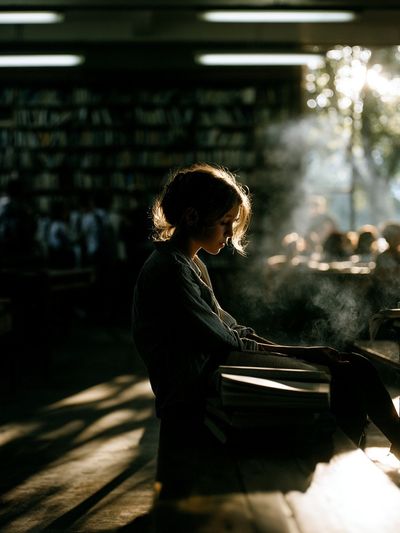 Girl Reading in Library Photography Poster.