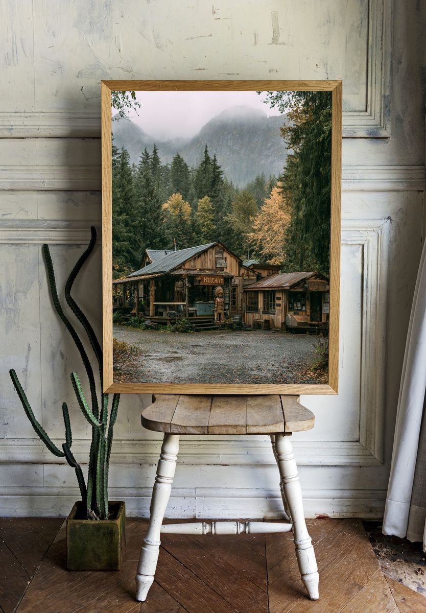 Misty Forest Cabin Photography Poster. room preview