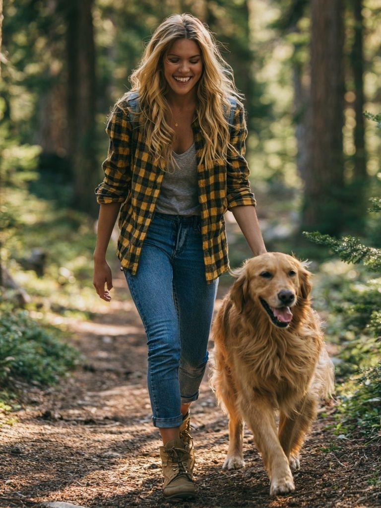 Woman Walking Golden Retriever Forest Poster. poster — photography art