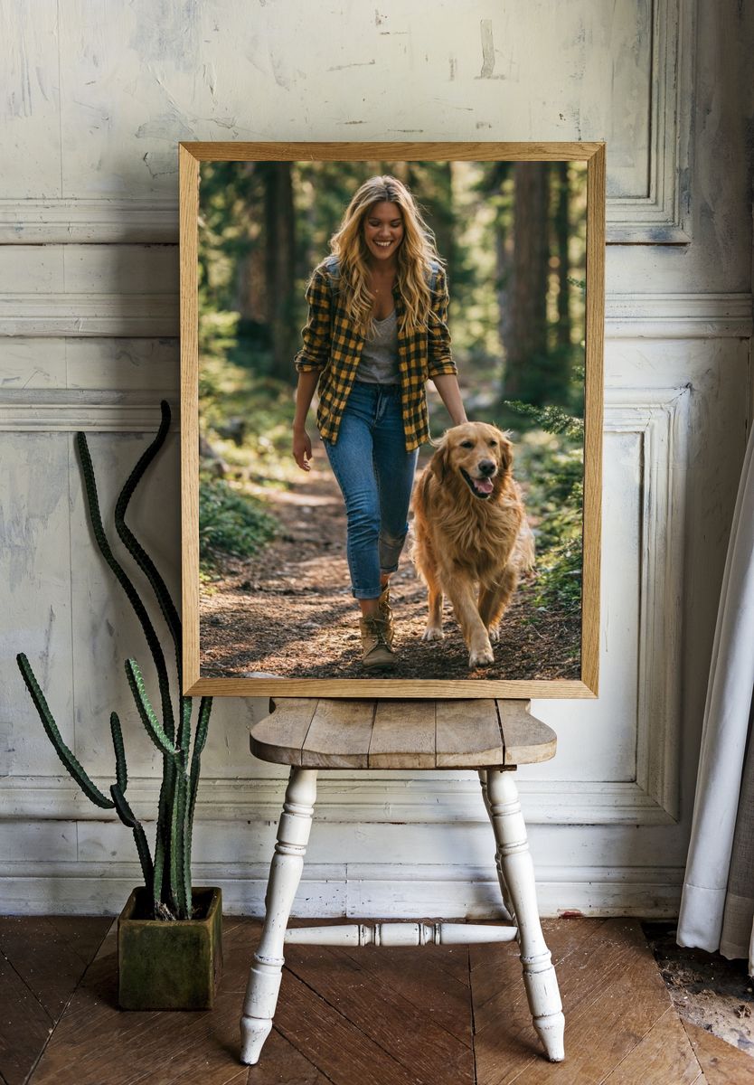 Woman Walking Golden Retriever Forest Poster. — room view 1