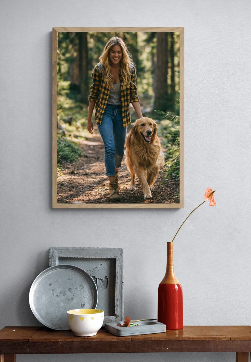 Woman Walking Golden Retriever Forest Poster. — room view 3