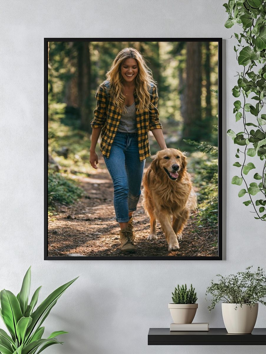 Woman Walking Golden Retriever Forest Poster. — room view 4
