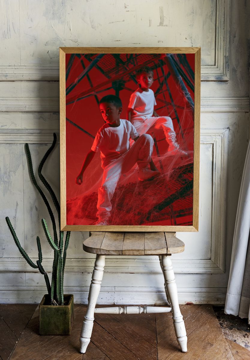 Red Web Staircase Portrait Print. room preview