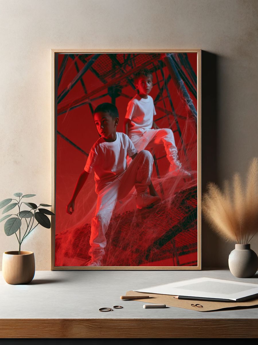 Red Web Staircase Portrait Print. — room view 2