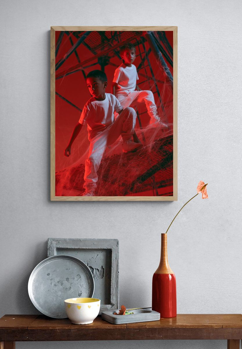 Red Web Staircase Portrait Print. — room view 3