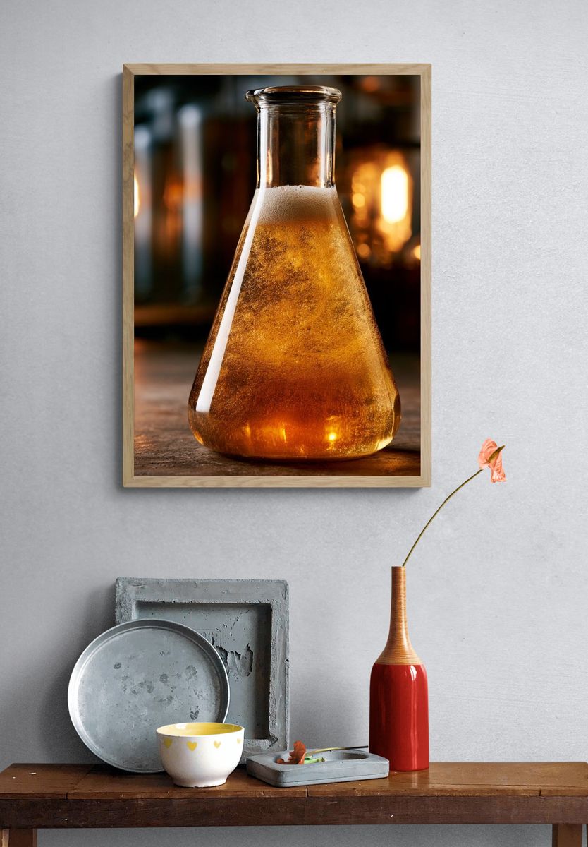 Golden Beer Flask Photography Poster. — room view 3