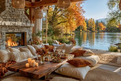 Autumn Lakeside Cabin Photography Poster.
