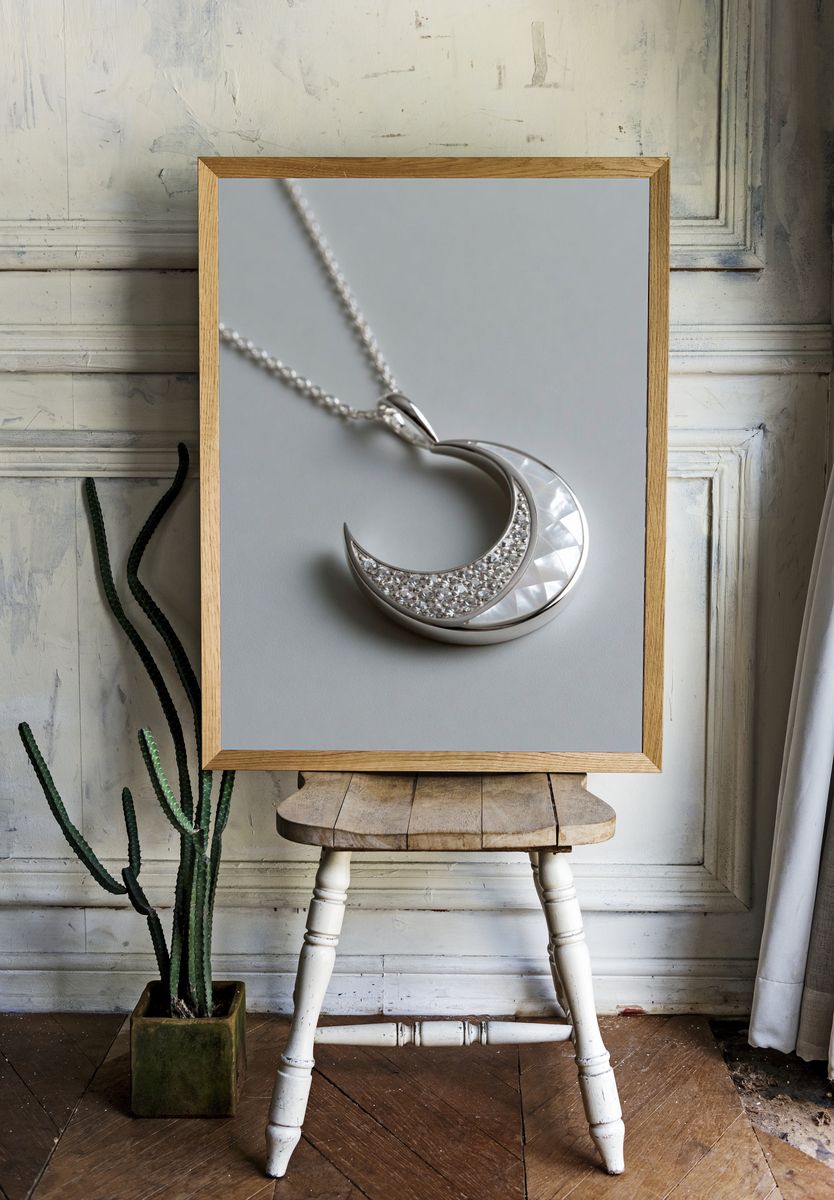 Silver Crescent Necklace Photography Poster. — room view 1