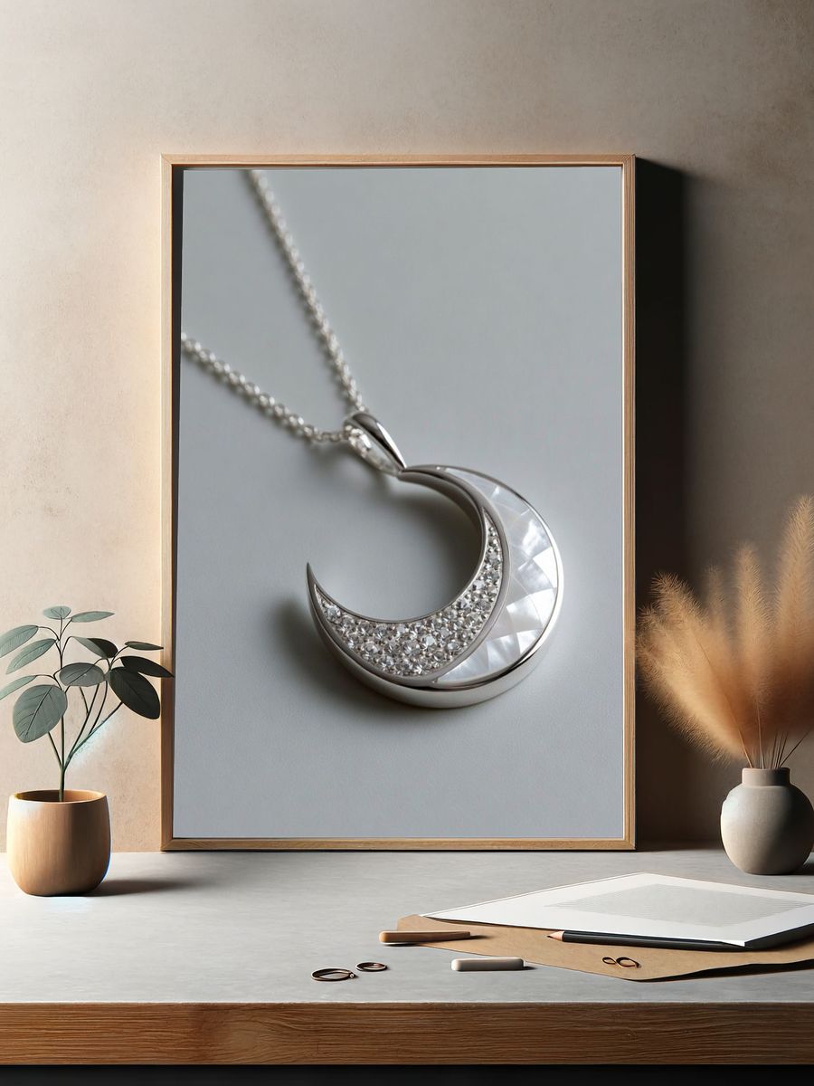 Silver Crescent Necklace Photography Poster. — room view 2