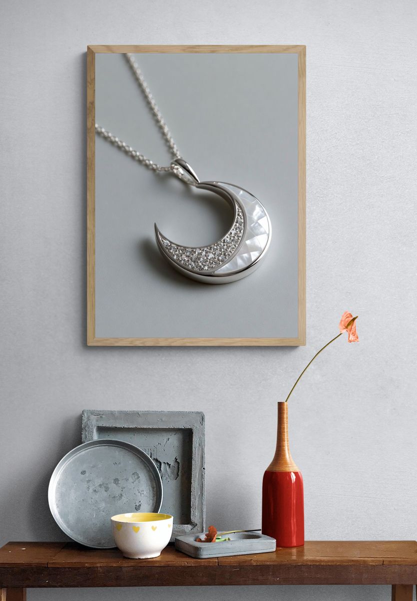 Silver Crescent Necklace Photography Poster. — room view 3