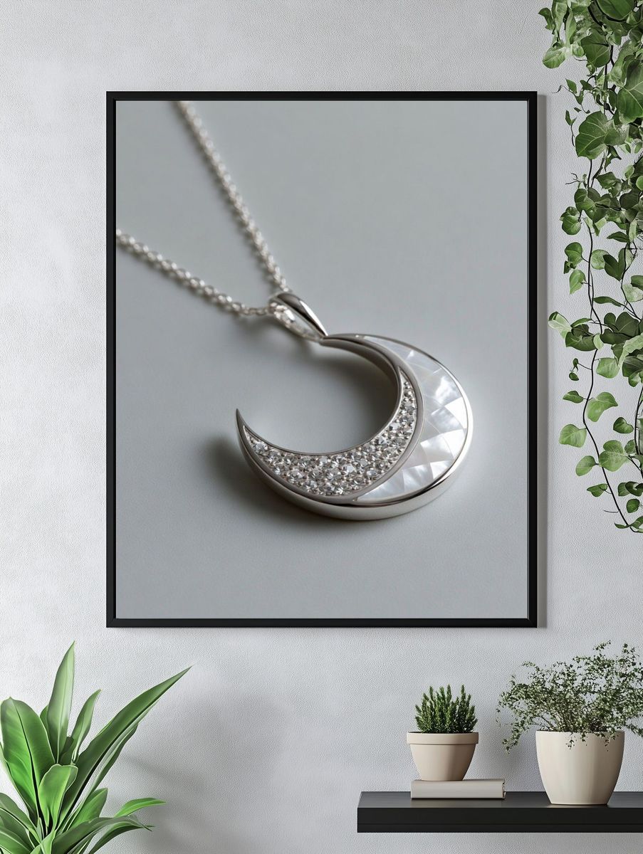 Silver Crescent Necklace Photography Poster. — room view 4