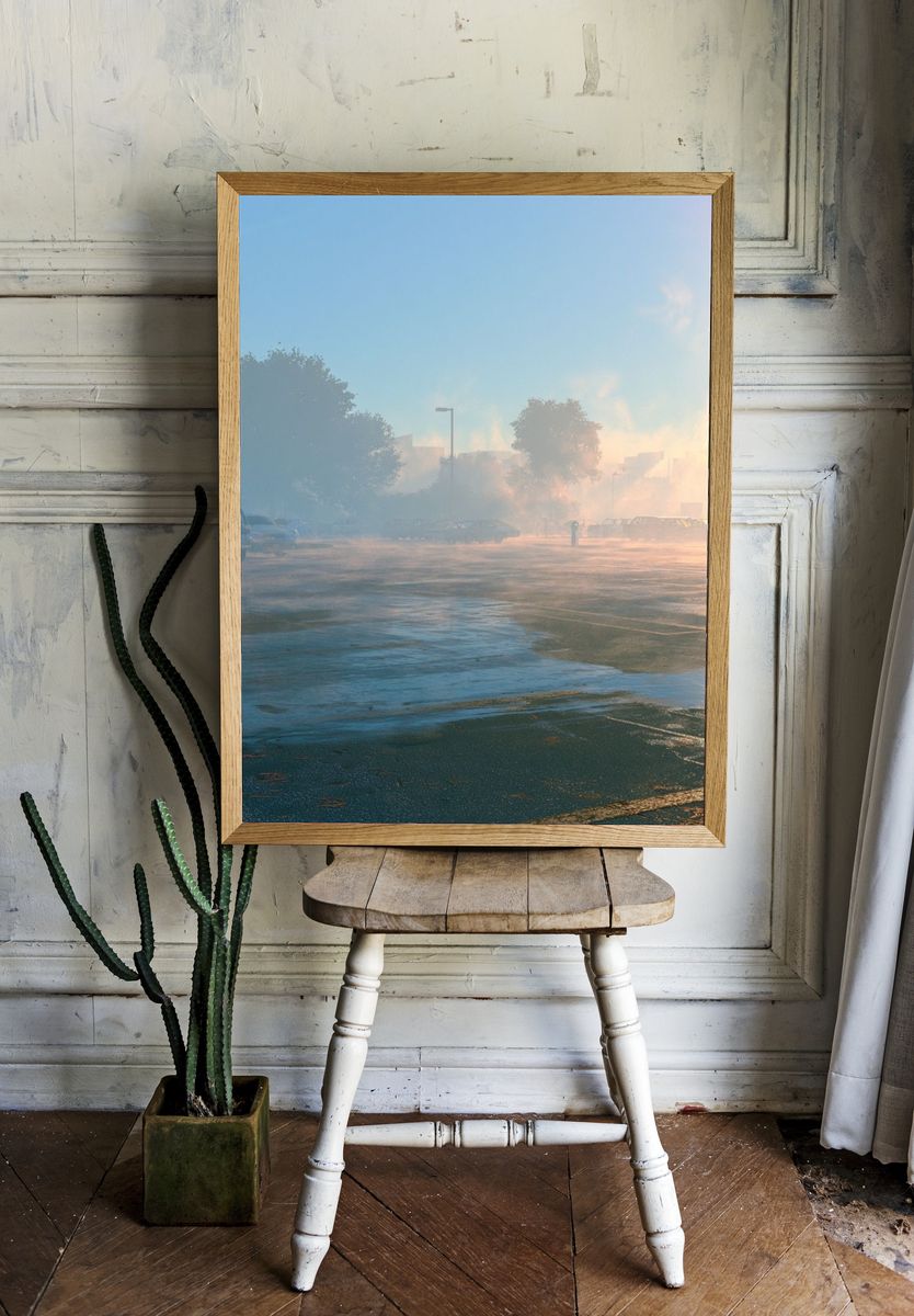 Misty Parking Lot Sunrise Poster. room preview