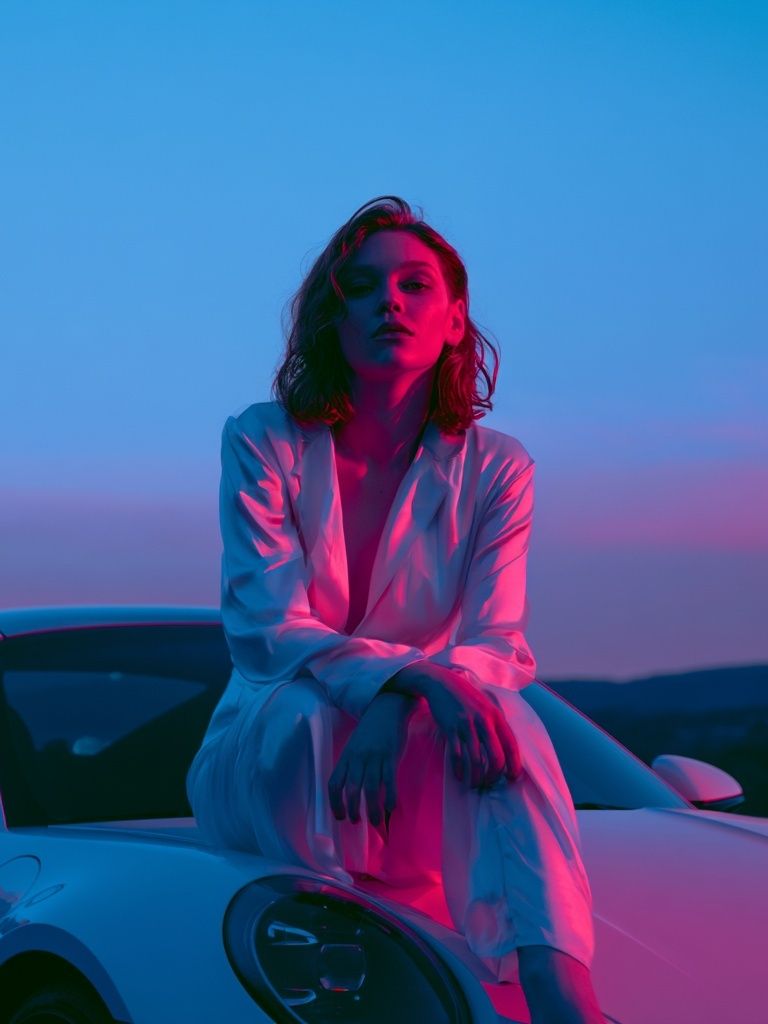 Neon Portrait on Sports Car Poster. poster — photography art