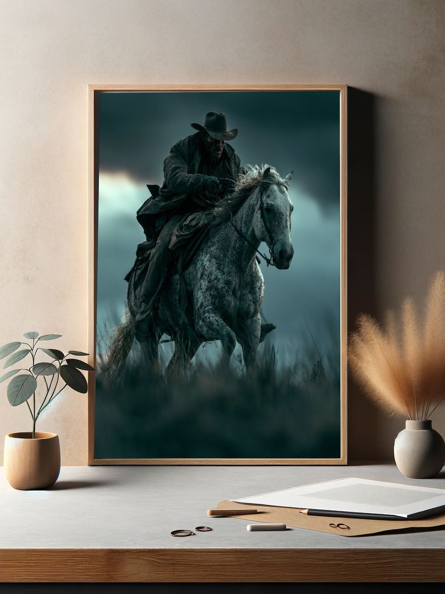 Cowboy on Horse Photography Poster. — room view 2