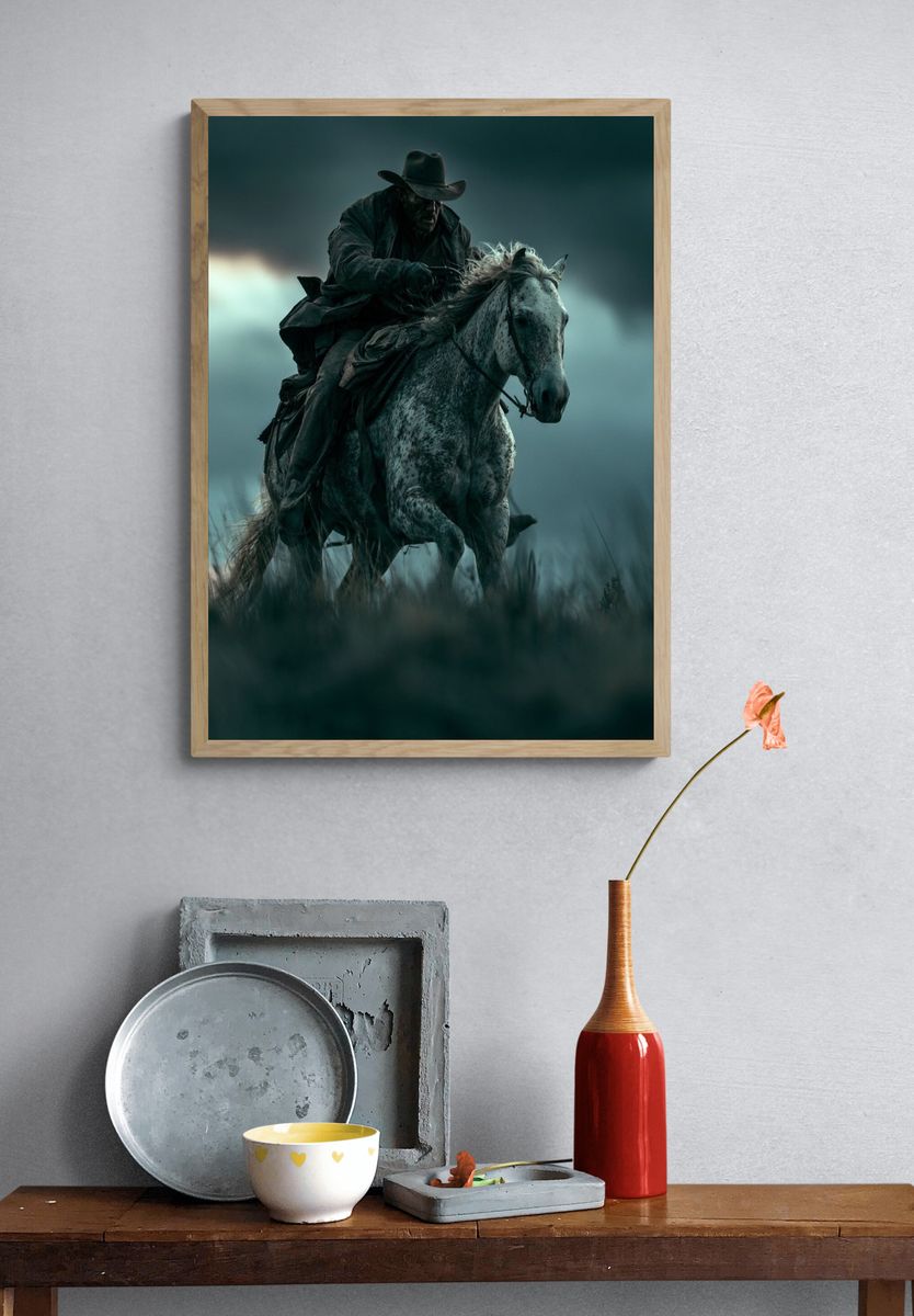 Cowboy on Horse Photography Poster. — room view 3