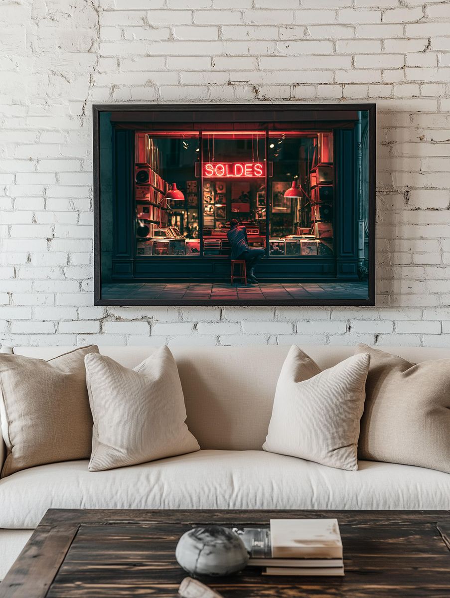Neon Record Shop Street Photography Poster. — room view 1