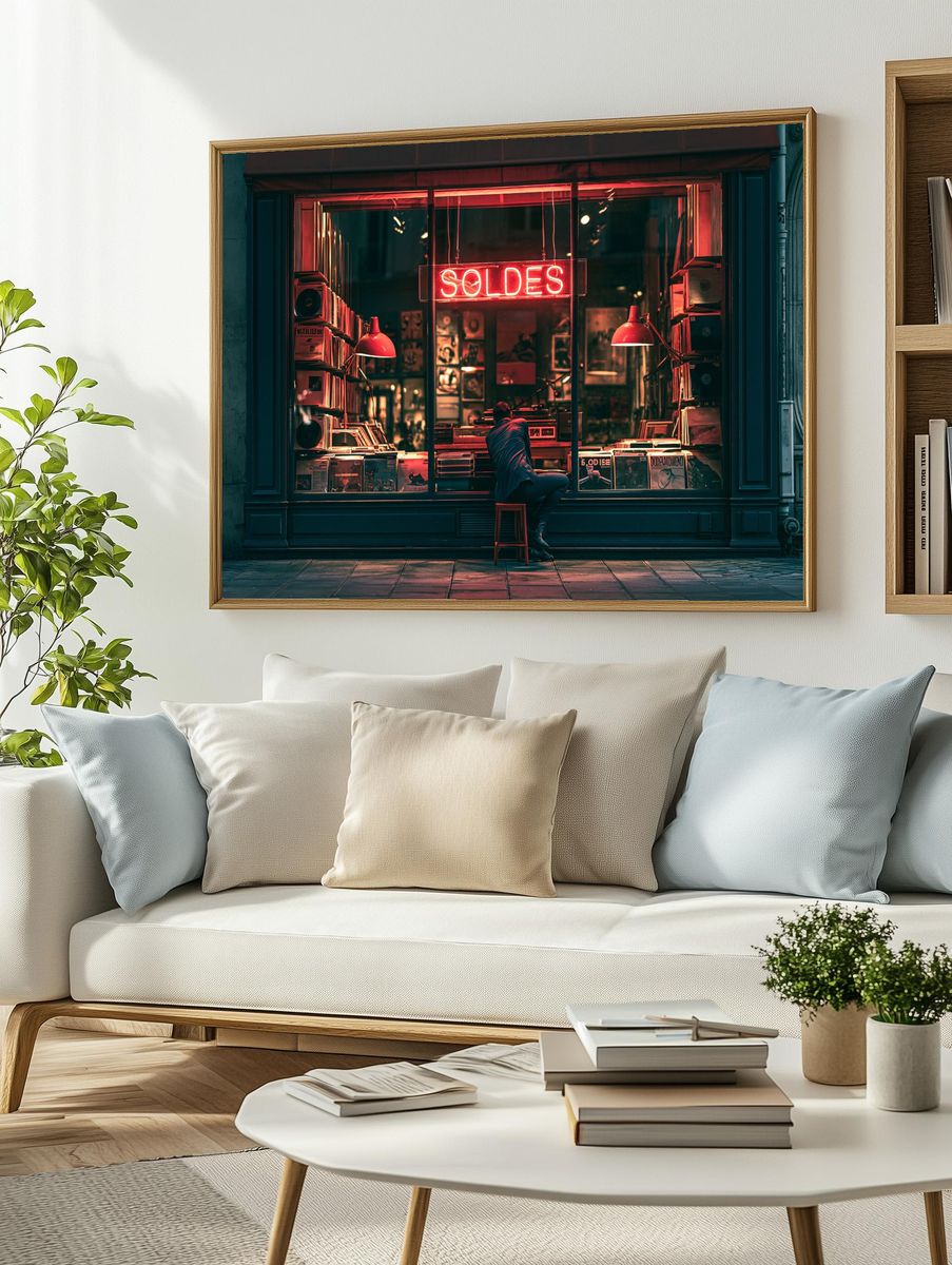 Neon Record Shop Street Photography Poster. — room view 2
