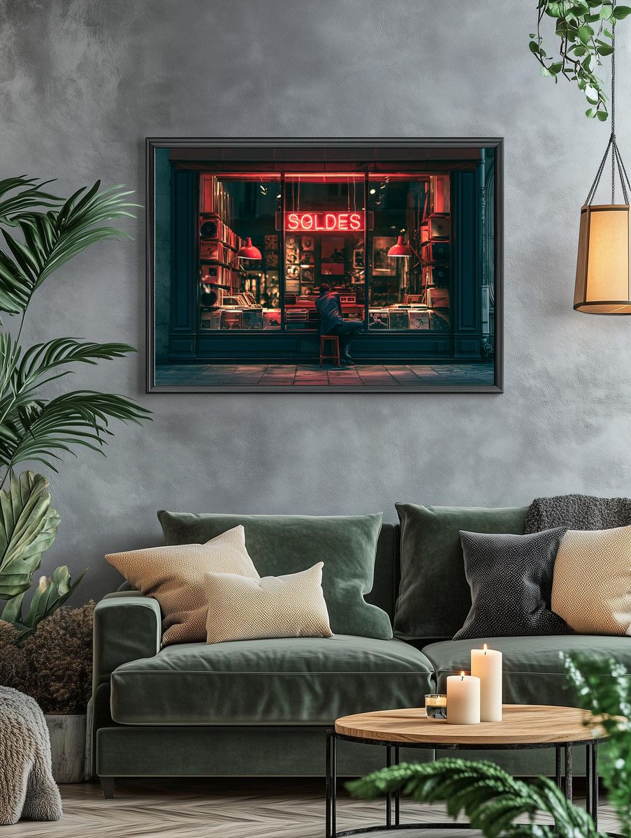 Neon Record Shop Street Photography Poster. — room view 4