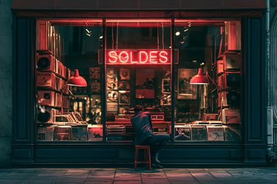 Neon Record Shop Street Photography Poster. poster