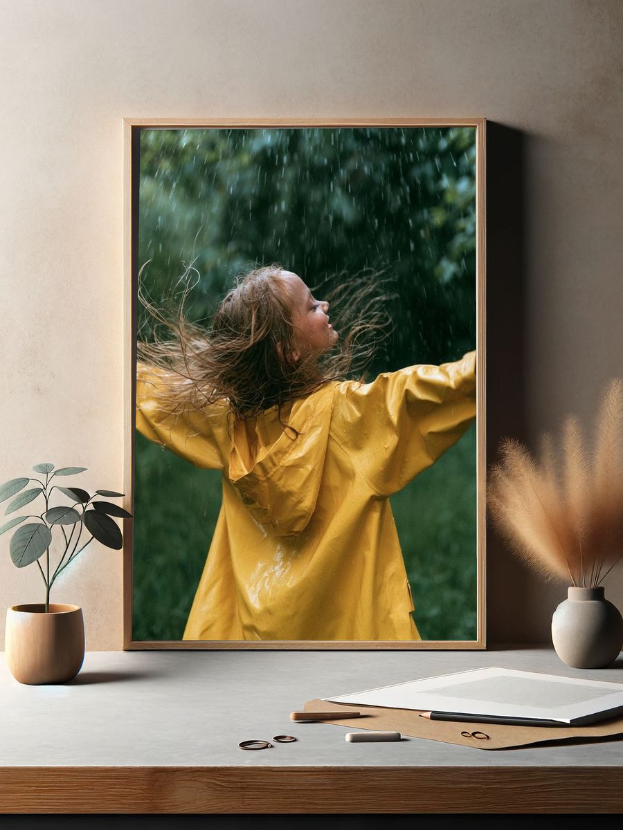Child in Rain Photography Poster. — room view 2