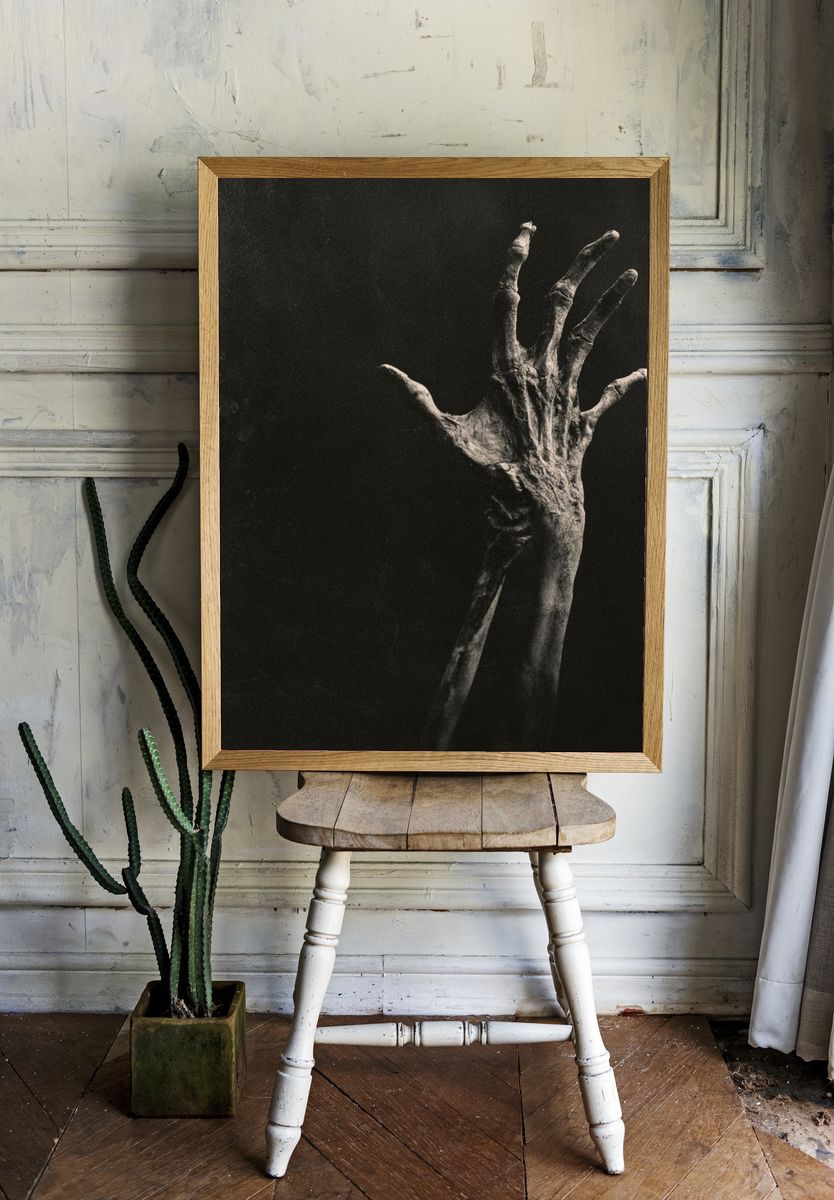 Eerie Hand in Darkness Photography Poster. room preview