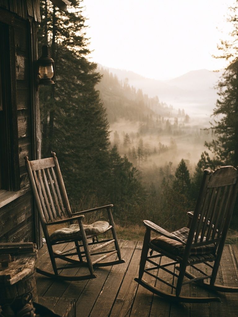 Misty Cabin Porch Landscape Poster. poster — photography art