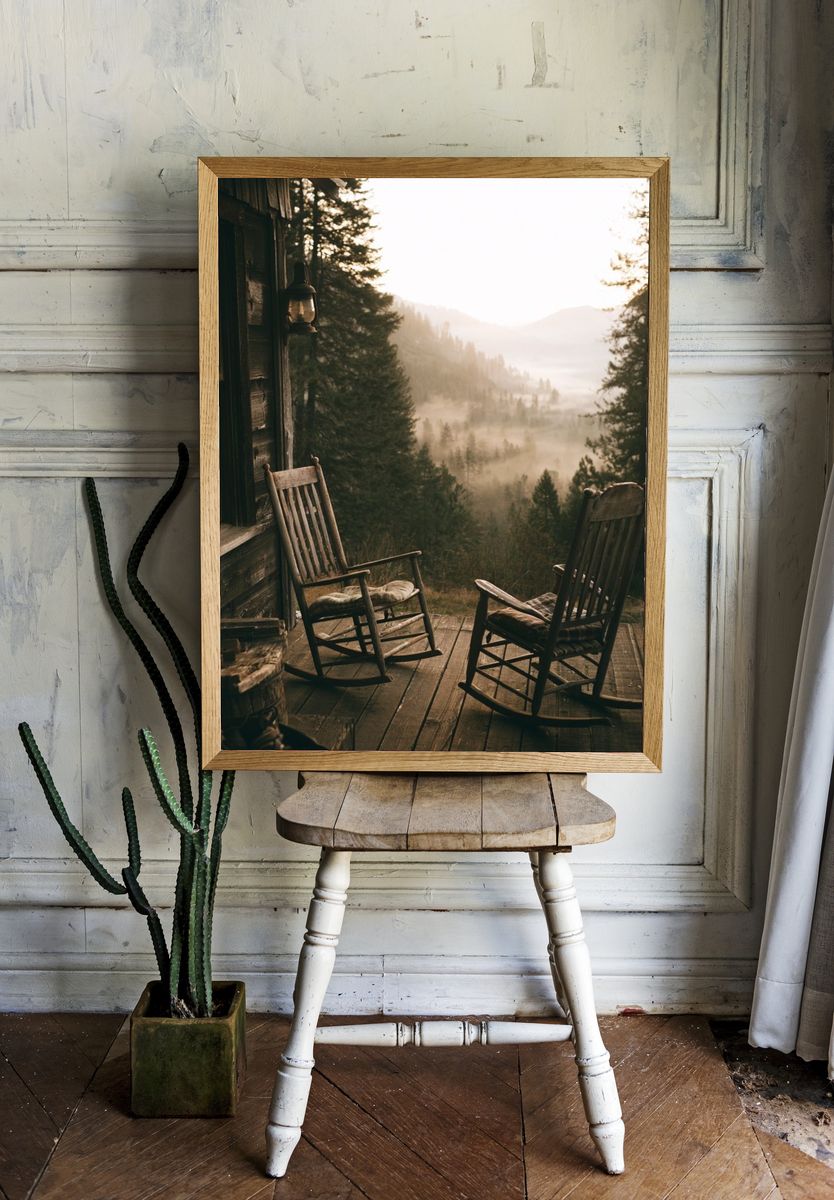 Misty Cabin Porch Landscape Poster. — room view 1
