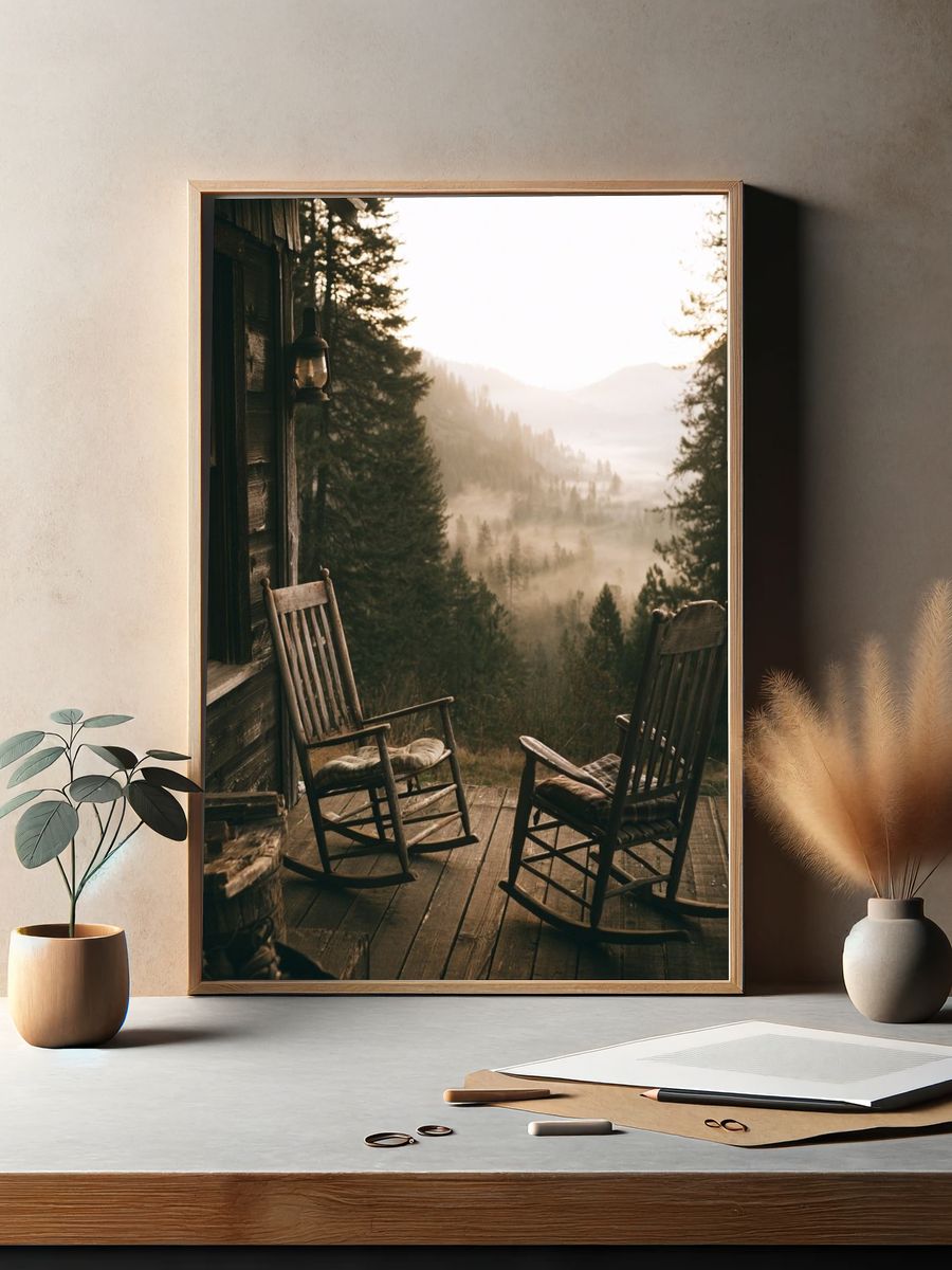 Misty Cabin Porch Landscape Poster. — room view 2