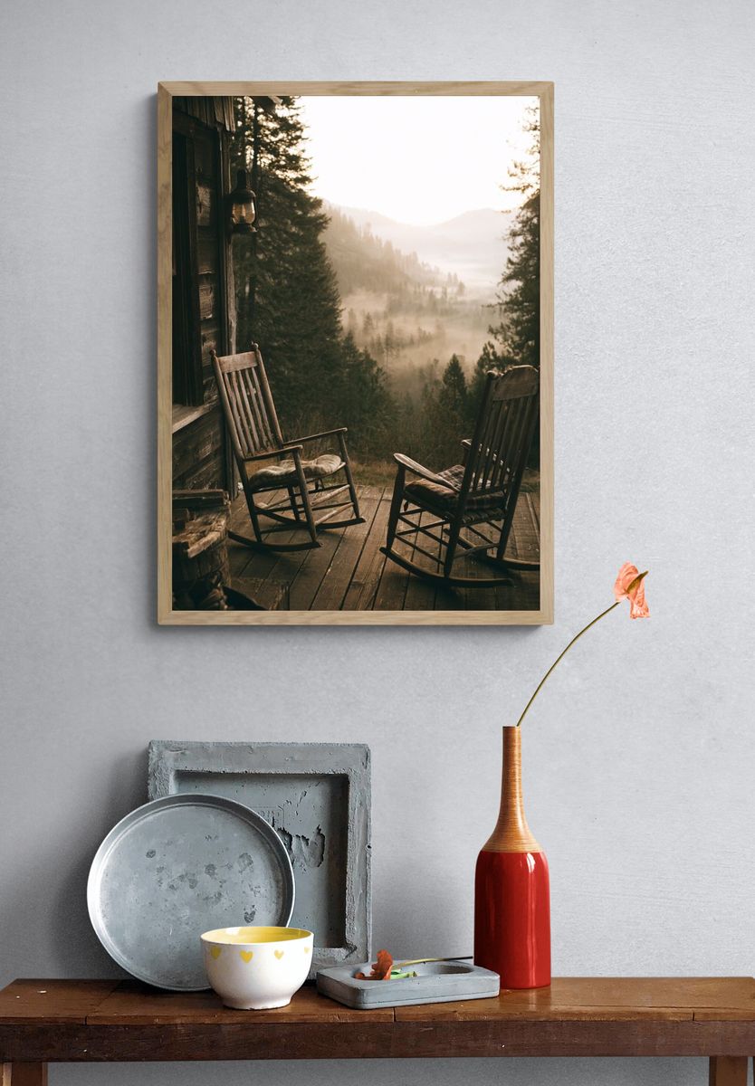 Misty Cabin Porch Landscape Poster. — room view 3