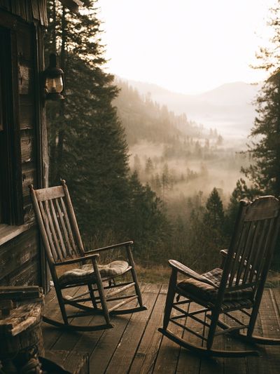 Misty Cabin Porch Landscape Poster.