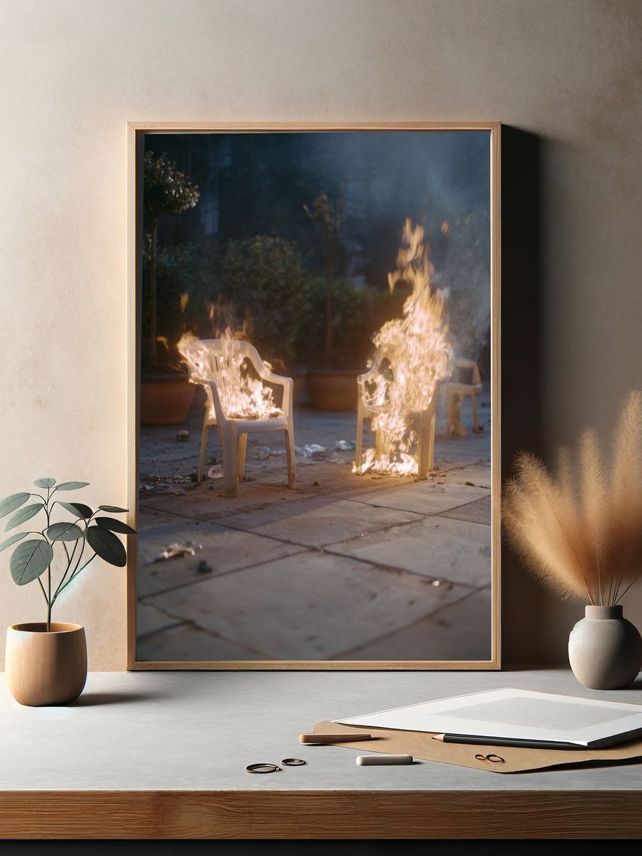 Burning Chairs Photography Poster. — room view 2