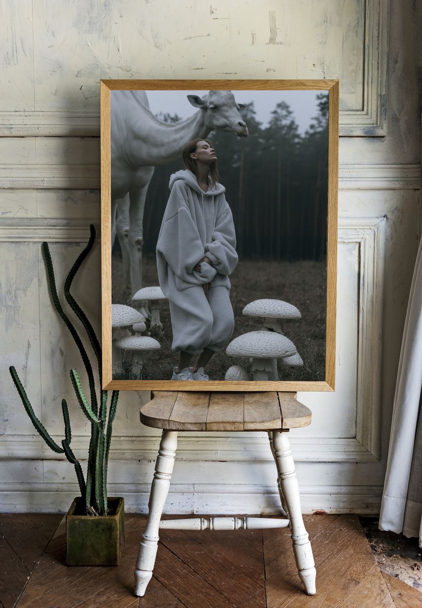 Surreal Forest Giraffe Photography Poster. — room view 1