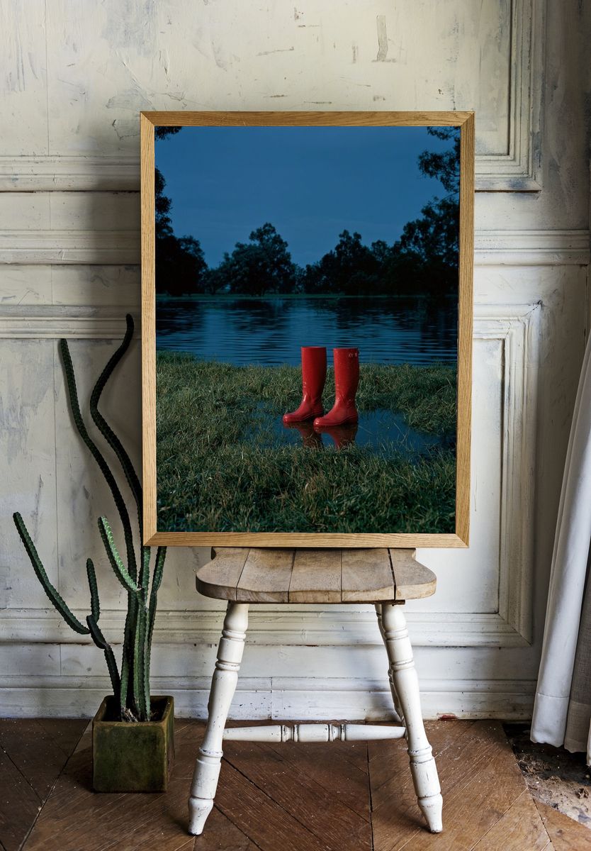 Red Rain Boots by the Lake Poster. — room view 1