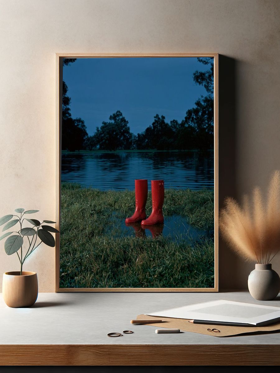 Red Rain Boots by the Lake Poster. — room view 2