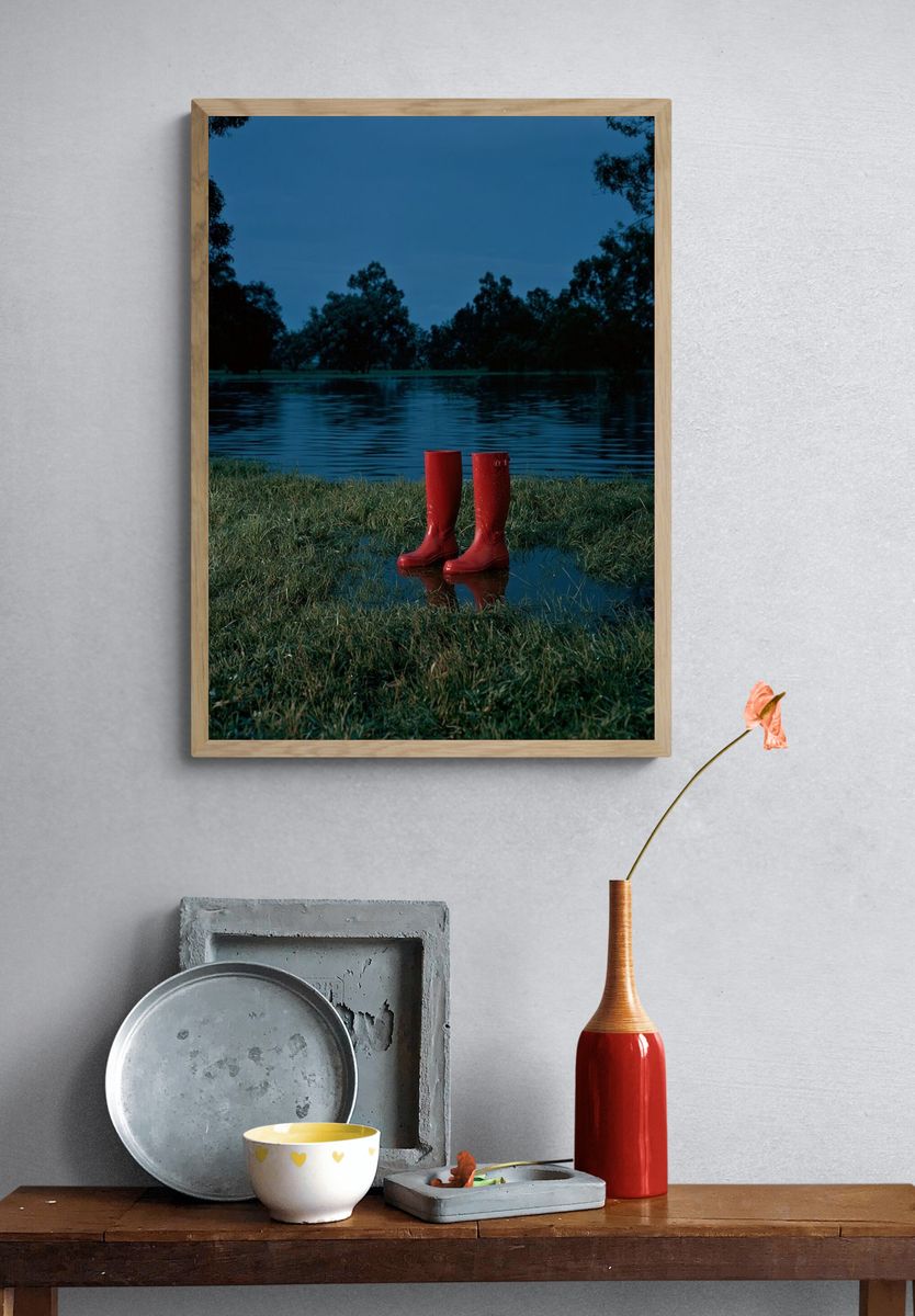 Red Rain Boots by the Lake Poster. — room view 3