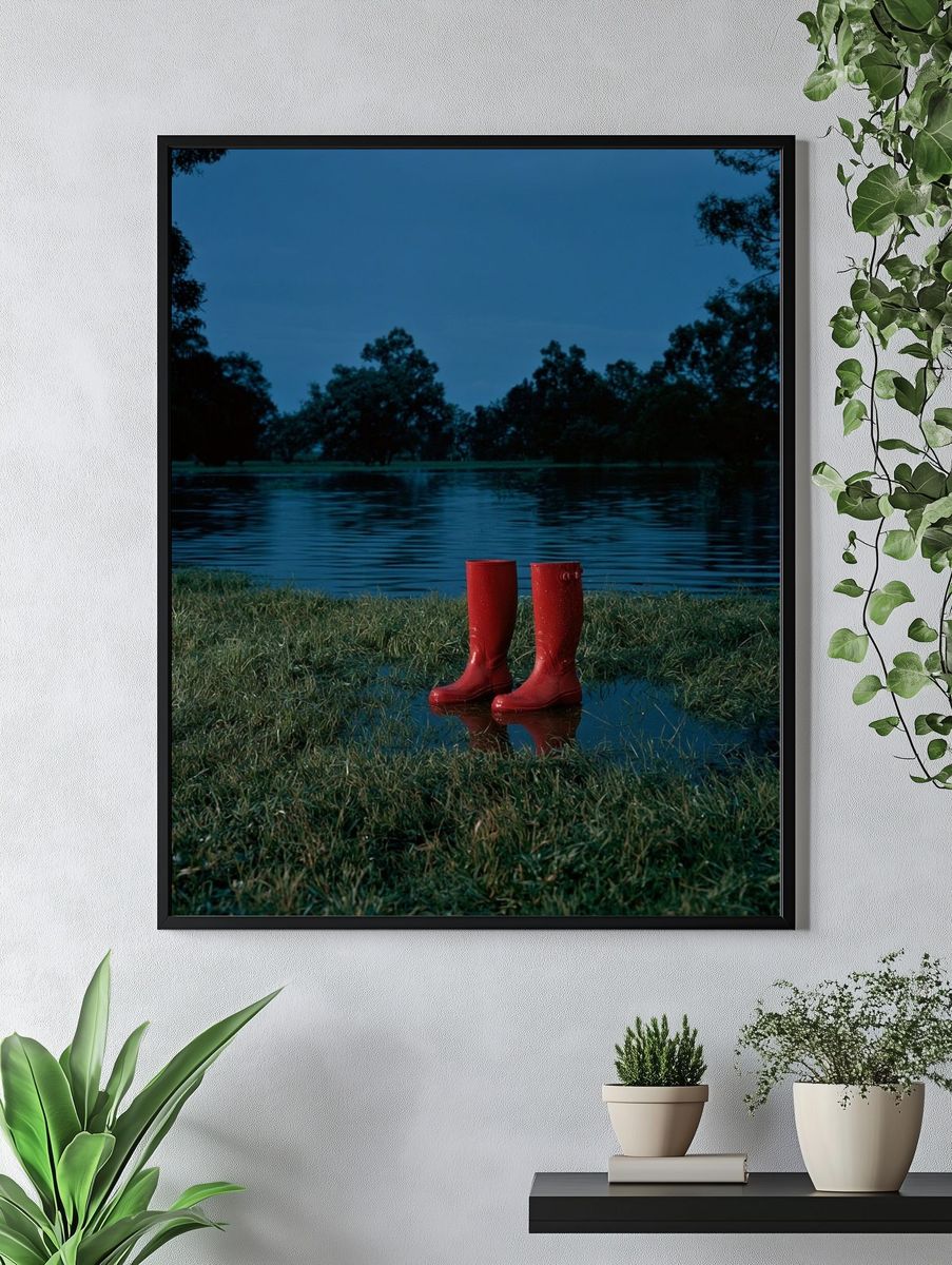 Red Rain Boots by the Lake Poster. — room view 4