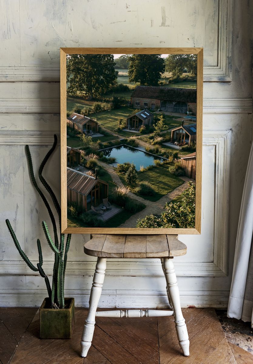 Countryside Cabins at Dawn Photography Poster. — room view 1