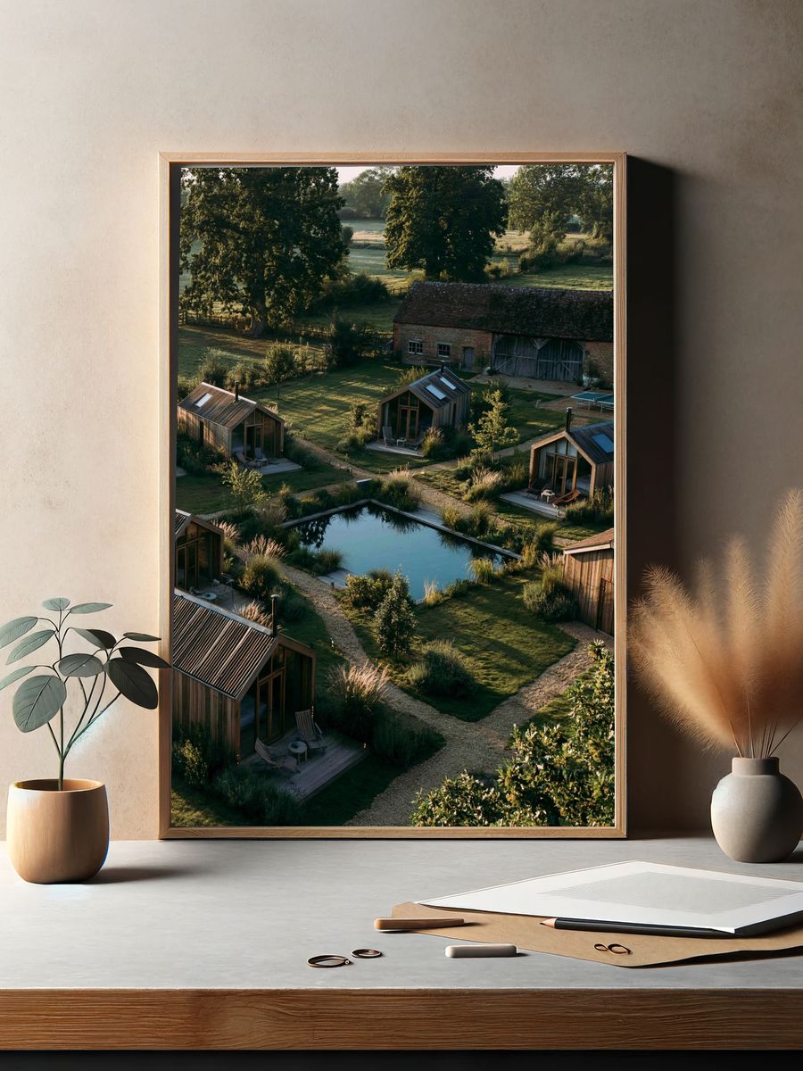 Countryside Cabins at Dawn Photography Poster. — room view 2