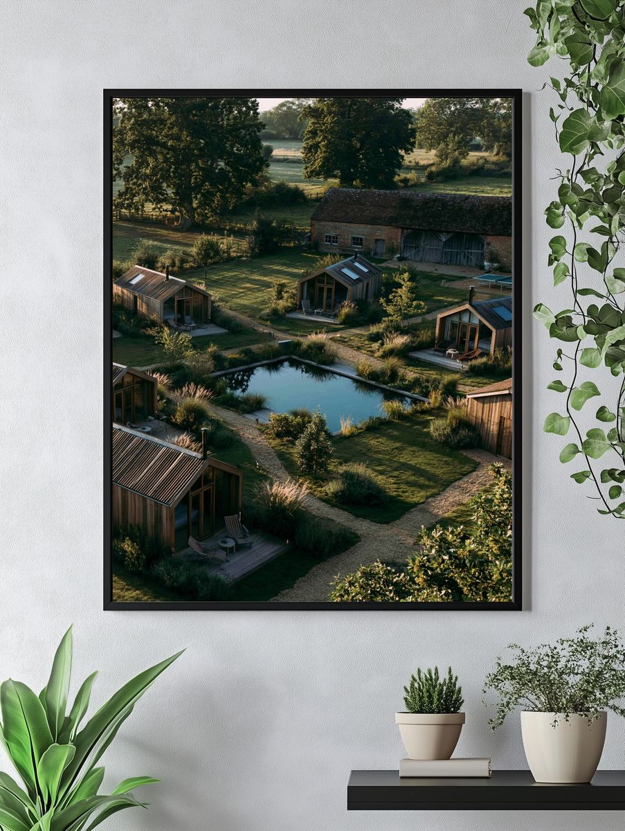 Countryside Cabins at Dawn Photography Poster. — room view 4
