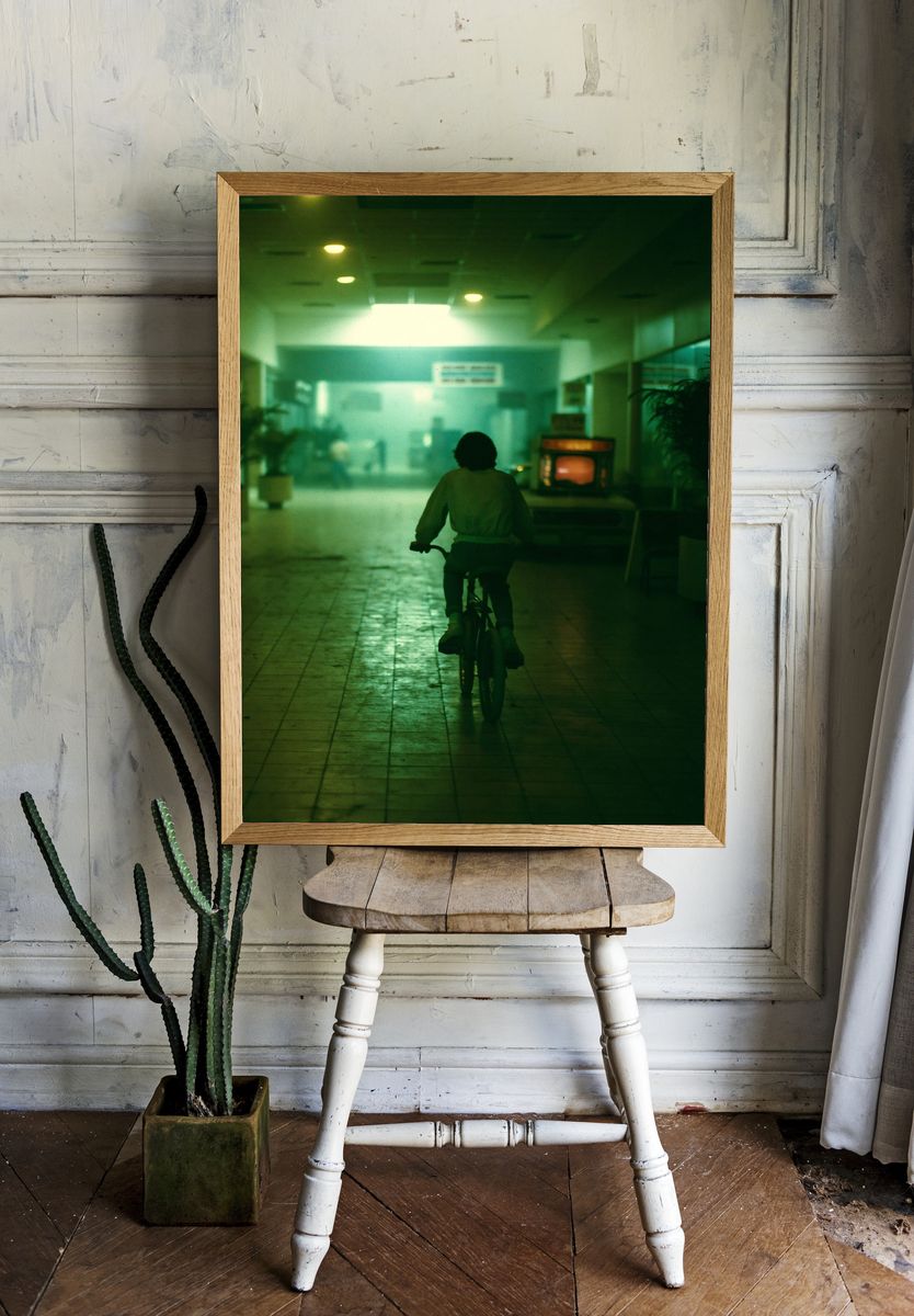 Cyclist in Neon Corridor Photography Poster. room preview