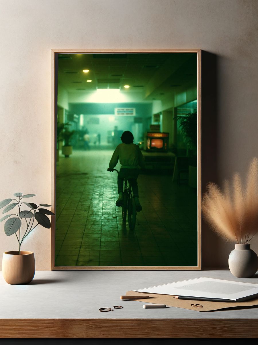 Cyclist in Neon Corridor Photography Poster. — room view 2