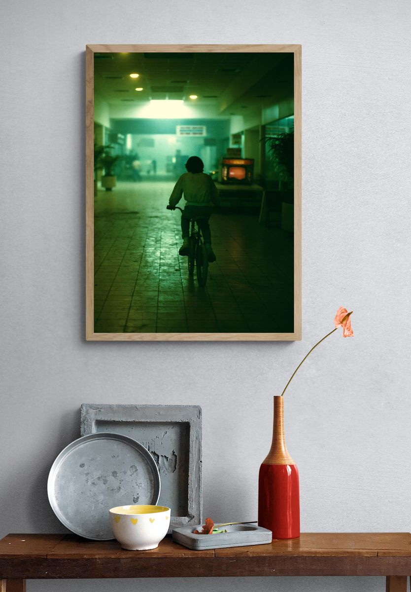 Cyclist in Neon Corridor Photography Poster. — room view 3
