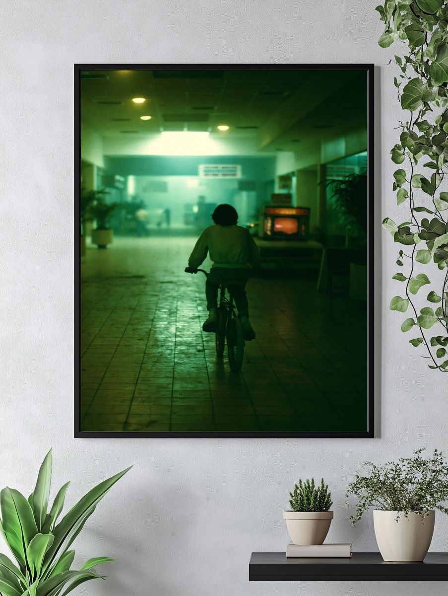 Cyclist in Neon Corridor Photography Poster. — room view 4