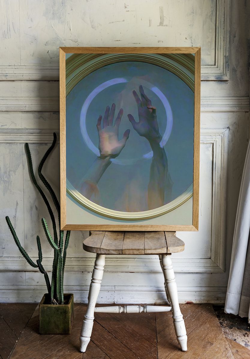 Hands in Neon Circle Photography Poster. — room view 1