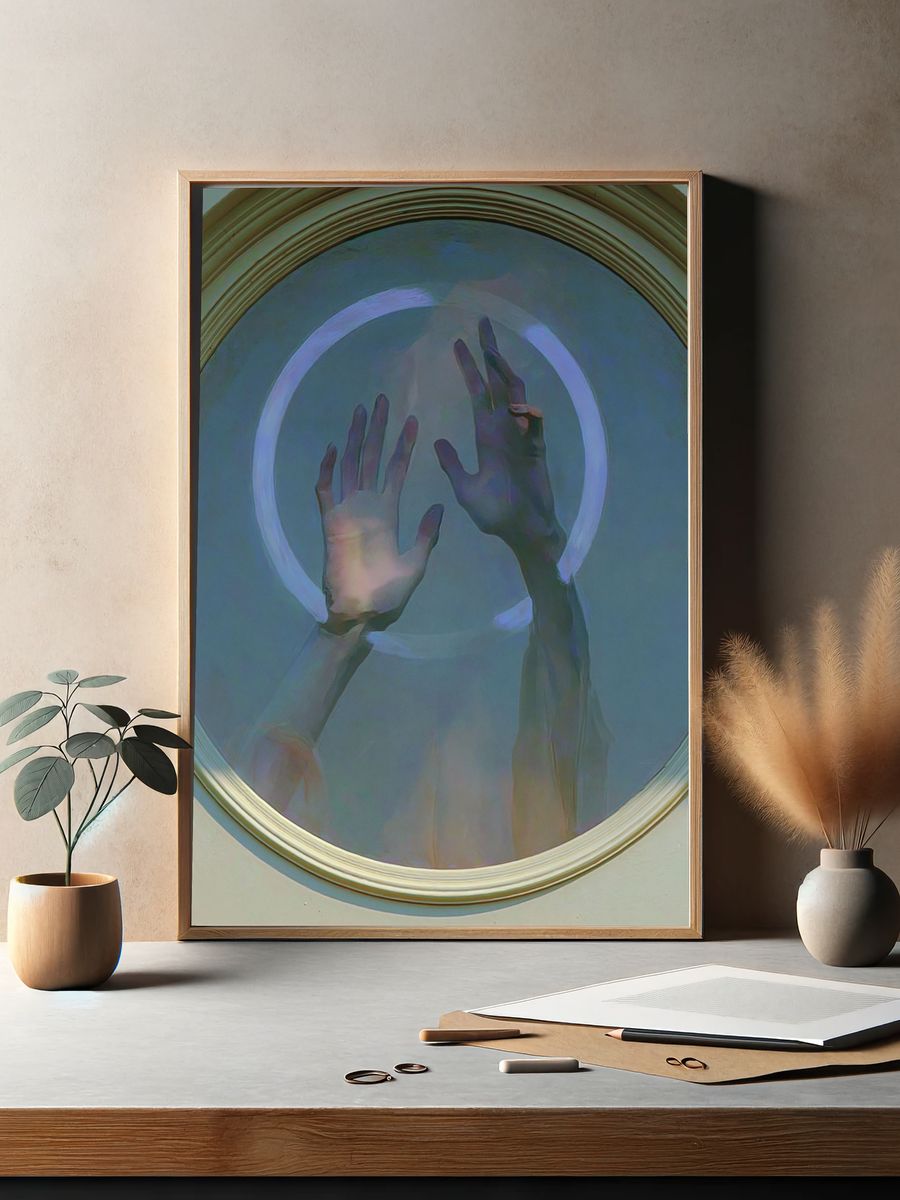Hands in Neon Circle Photography Poster. — room view 2